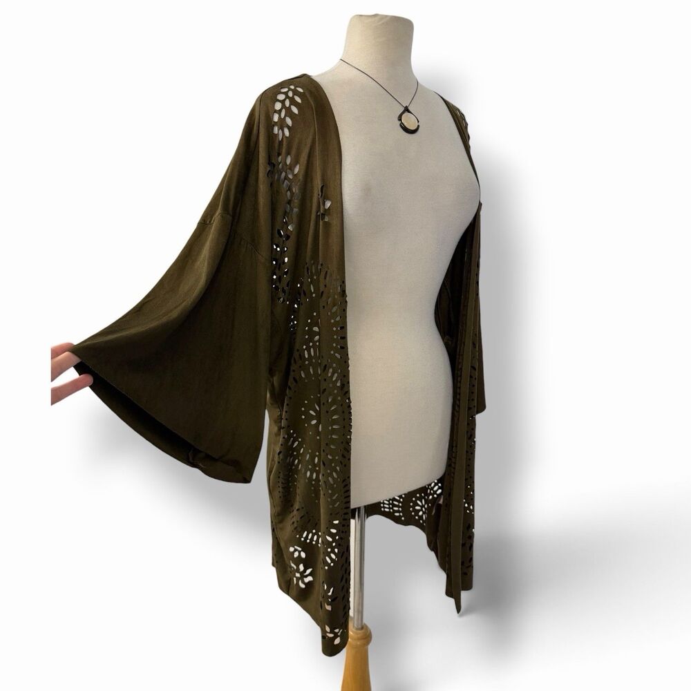 Boho Laser Cut Faux Suede Kimono Duster Cardigan Jacket Olive Green Whimsigoth M